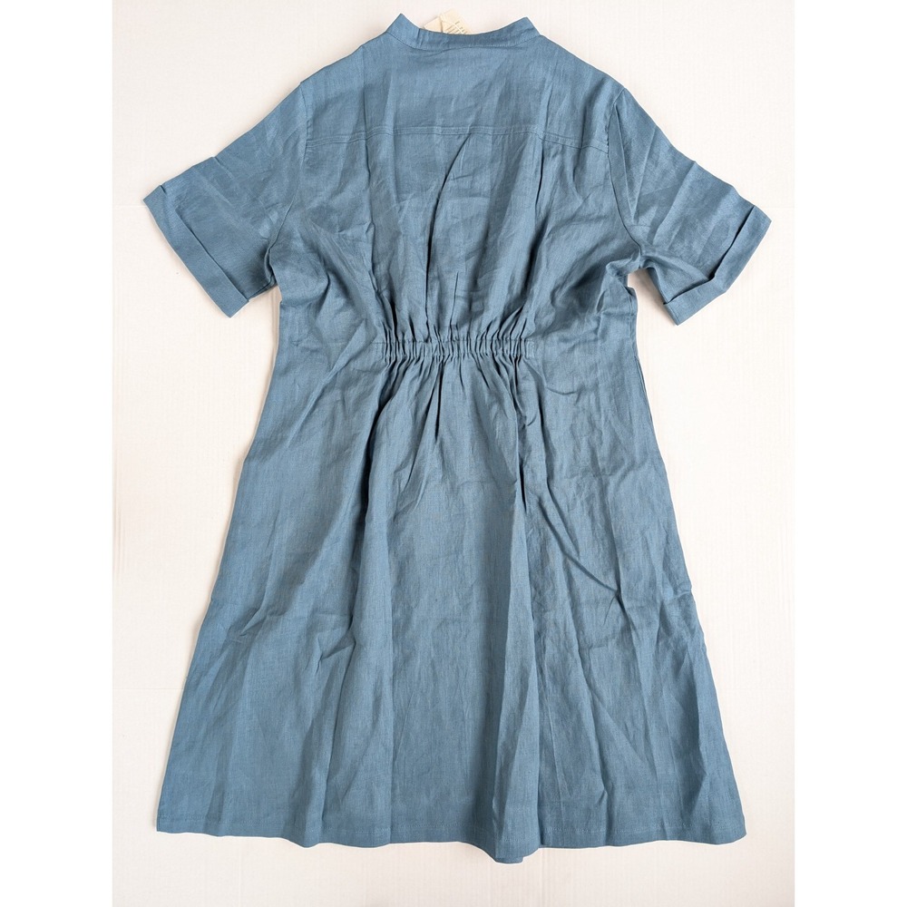 Lintico Elastic Waistband Dress Womens Medium NWT 100% Linen‎ V-Neck Steel Blue - Picture 7 of 7